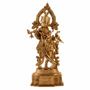 Brass Krishna With peacock (Gold Polish)