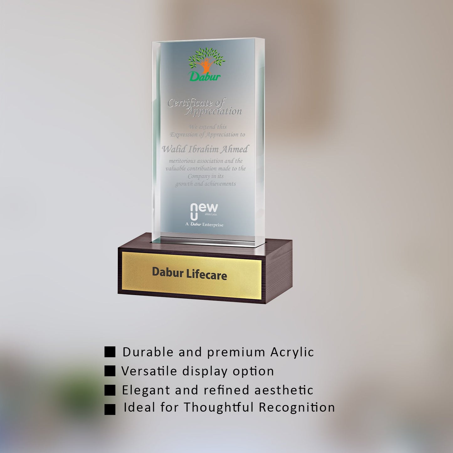 Customized Wooden Base Acrylic Trophy with Matter Printed For Corporate Gifting