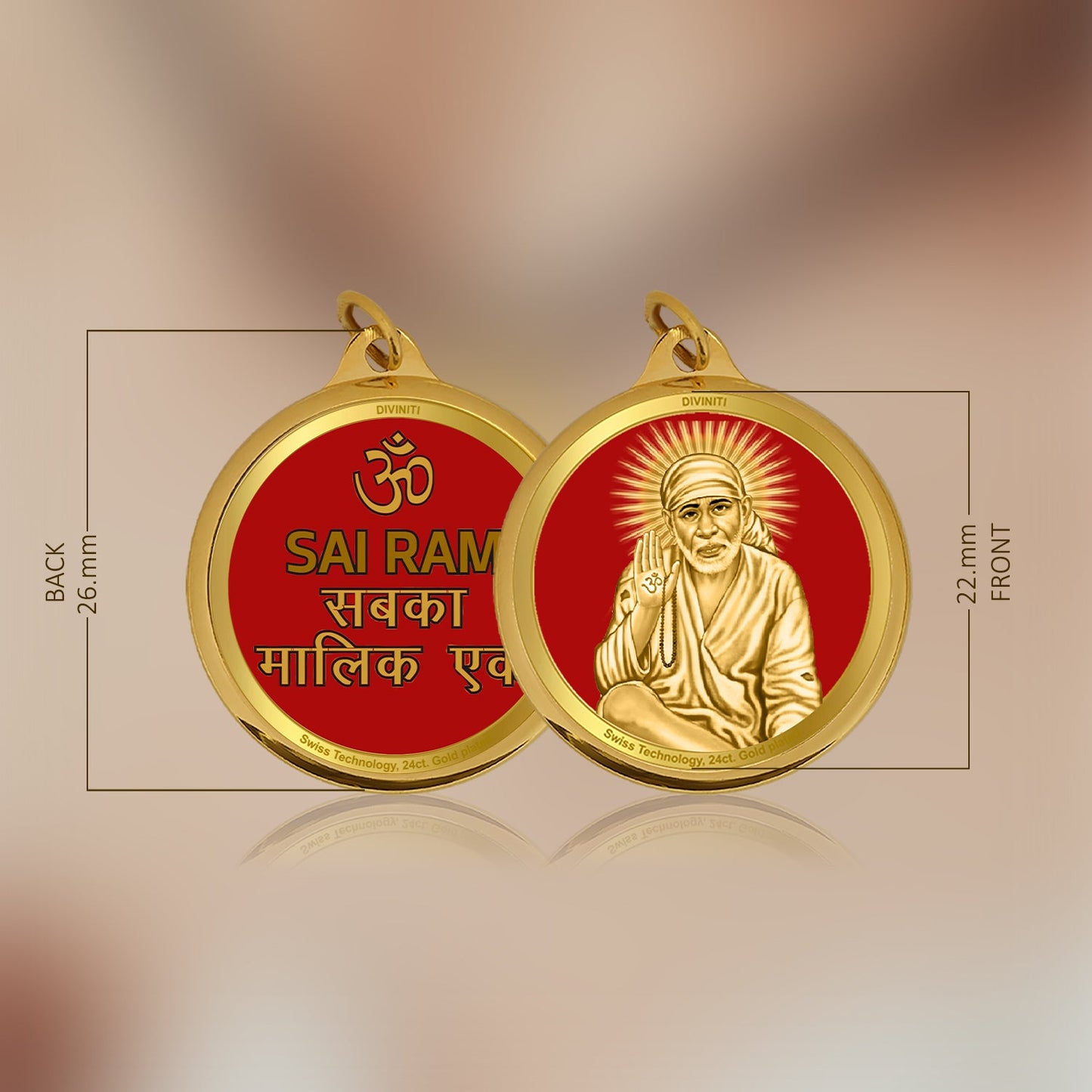 Diviniti 24K Gold Plated Sai Baba & Om 22MM Double Sided Pendant For Men, Women & Kids