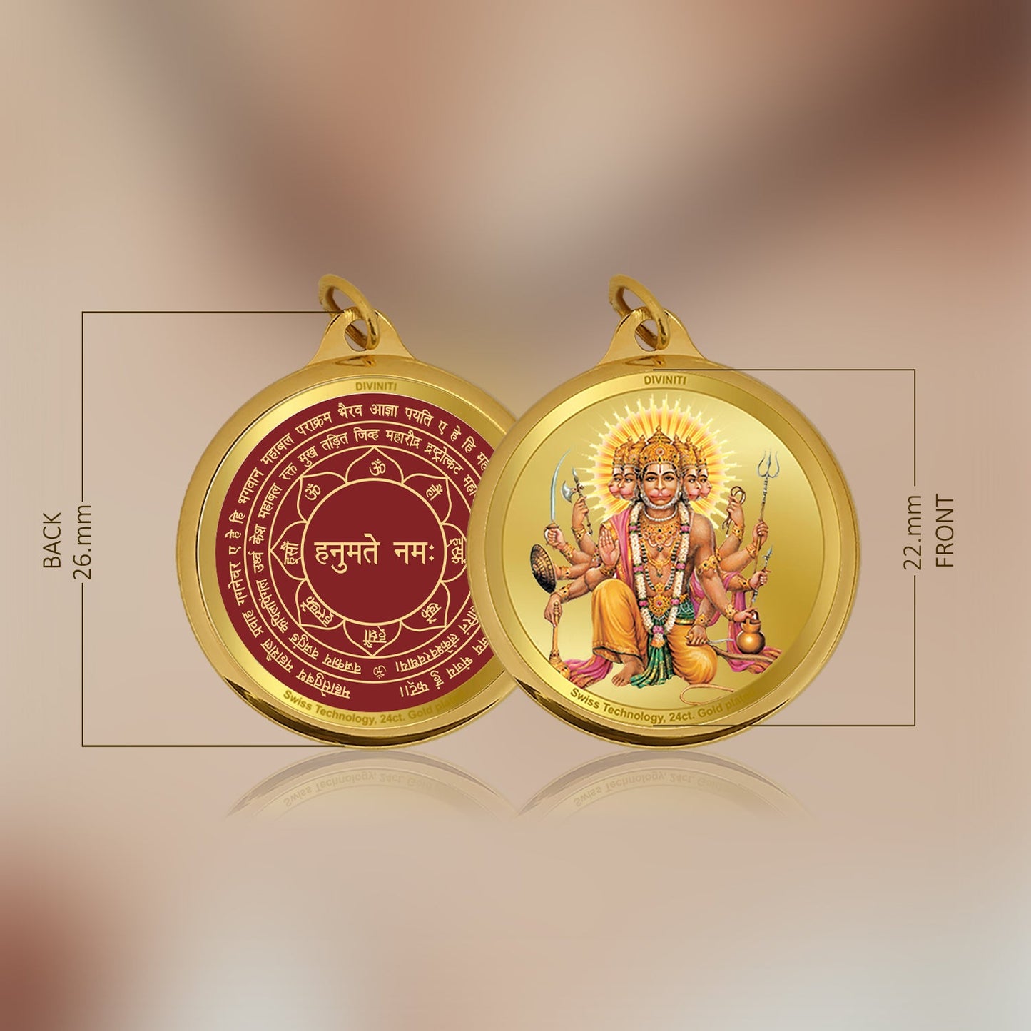 Diviniti 24K Gold Plated Panchmukhi Hanuman & Yantra 22MM Double Sided Pendant For Men, Women & Kids