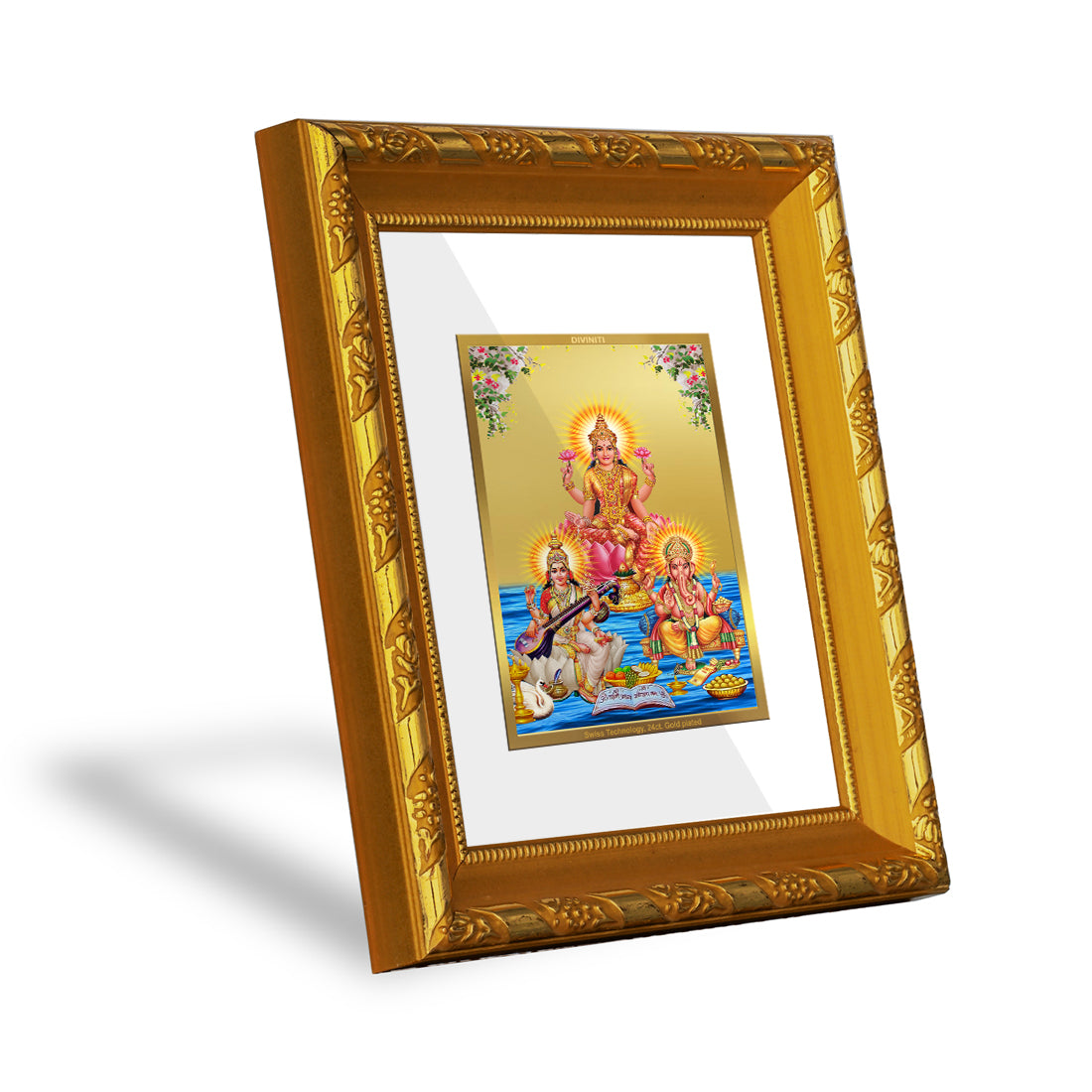 DIVINITI 24K Gold Plated Lakshmi Ganesha Saraswati Photo Frame For Home Wall Decor, Puja (15.0 X 13.0 CM)