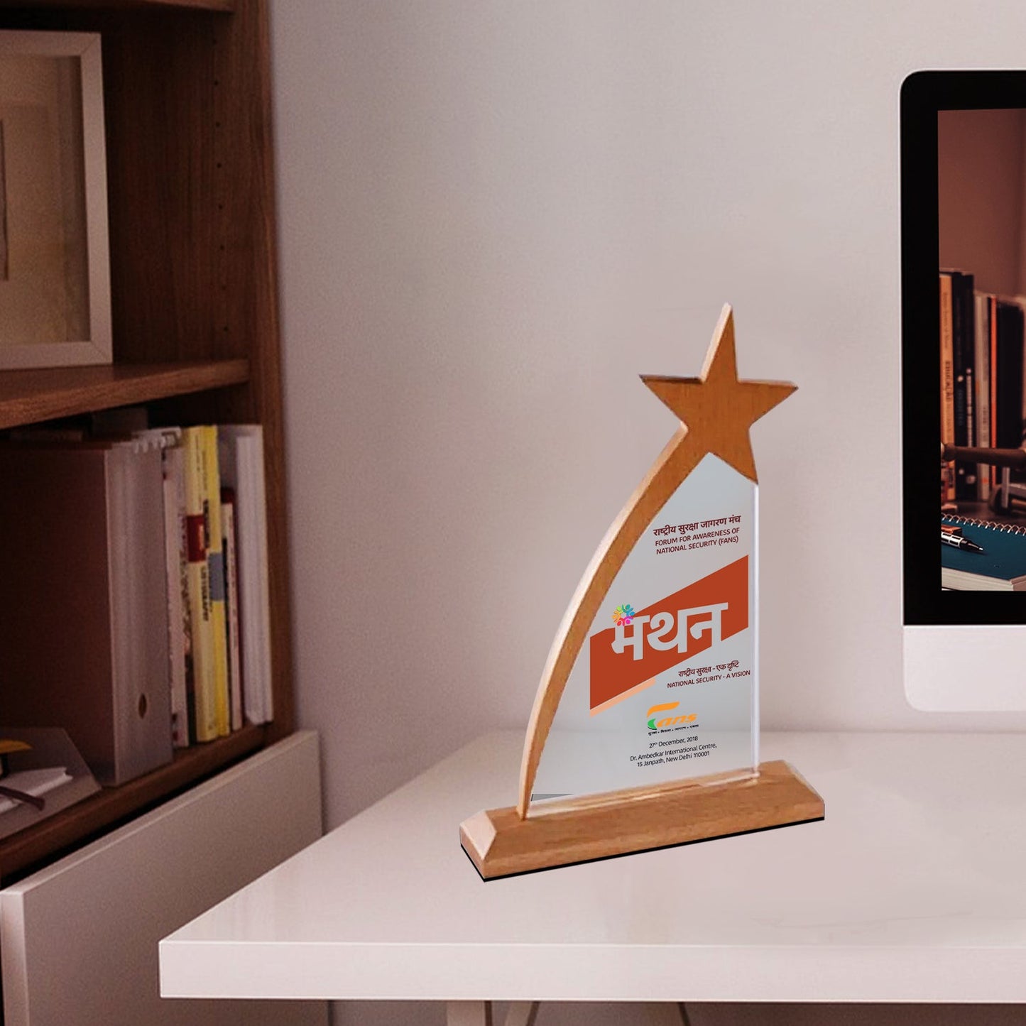 Customized Wooden Base Acrylic Trophy with Matter Printed For Corporate Gifting