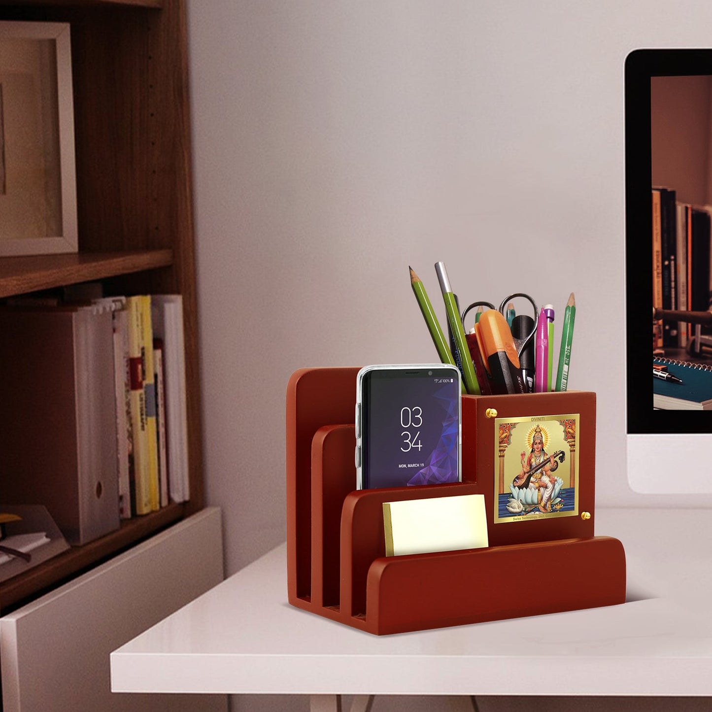 Diviniti Customized Pen Holder with 24K Gold Plated Saraswati Ji Frame For University (10 x 12 CM)