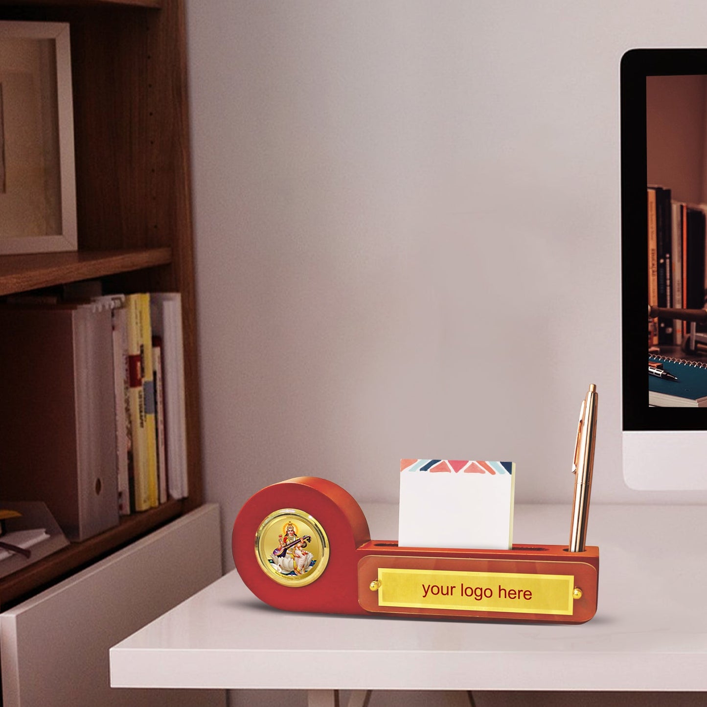 Diviniti Customized Pen Holder with 24K Gold Plated Saraswati Ji Frame For University (7 x 20 x 3.5 CM)