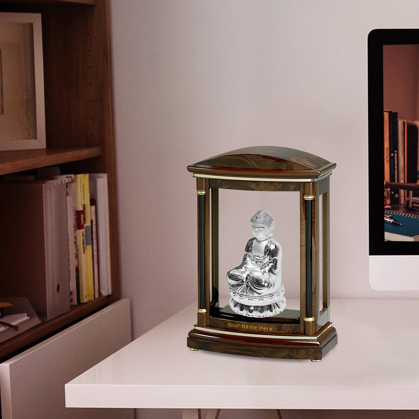 Diviniti Customized Wooden Table Top With 999 Silver Plated Buddha Idol For University