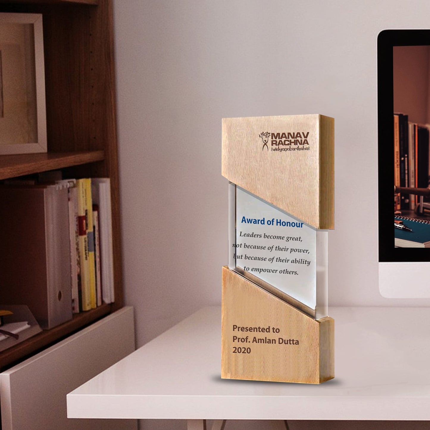 Customized Wooden Base Acrylic Trophy with Printed Matter For Corporate Gifting