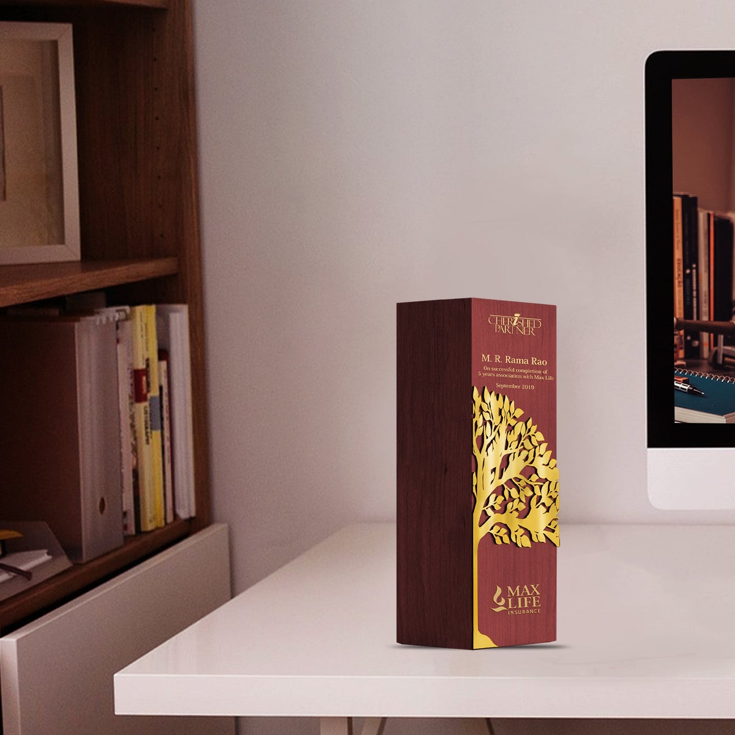 Customized Wooden Trophy with Metal Tree & Matter Printed For Corporate Gifting