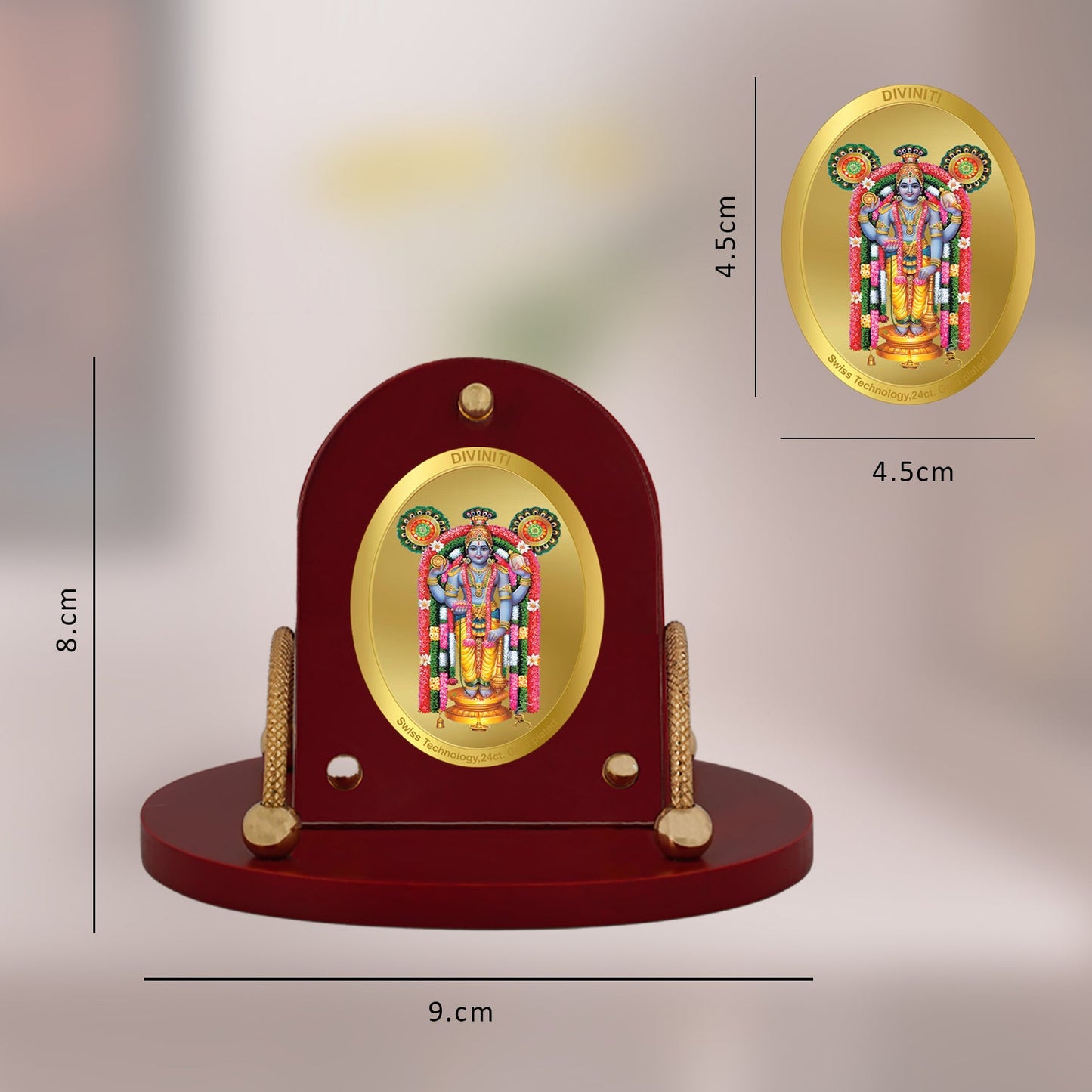 Diviniti 24K Gold Plated Guruvayurappan Frame for Car Dashboard, Home Decor, Table & Office (8 CM x 9 CM)