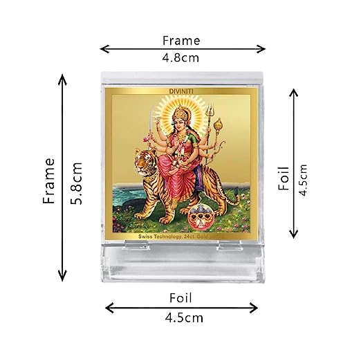 Diviniti 24K Gold Plated Durga Ji Frame For Car Dashboard, Home Decor, Puja, Gift (5.8 x 4.8 CM)