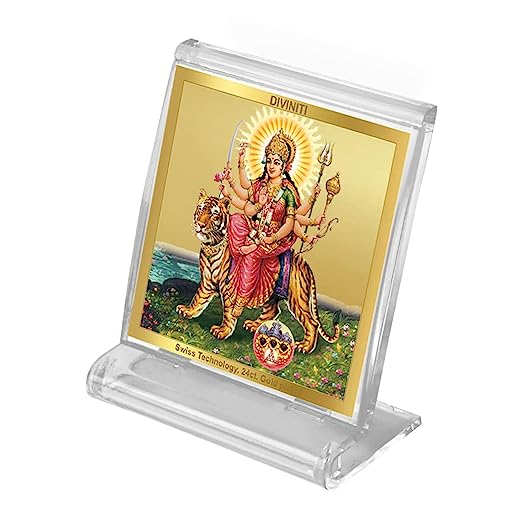 Diviniti 24K Gold Plated Durga Ji Frame For Car Dashboard, Home Decor, Puja, Gift (5.8 x 4.8 CM)