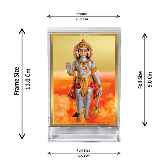 Diviniti 24K Gold Plated God Hanuman Frame For Car Dashboard, Home Decor, Festival Gift (11 x 6.8 CM)