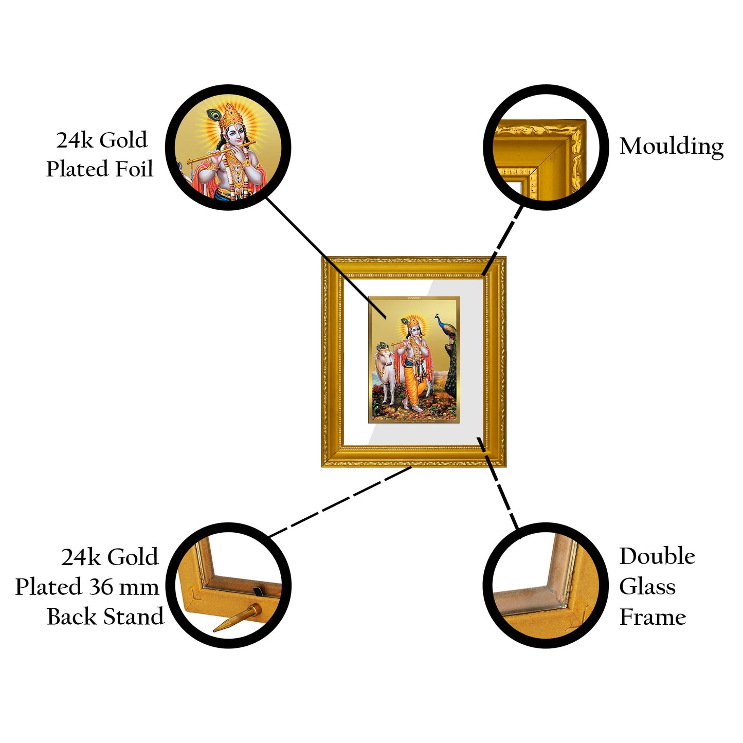 DIVINITI Krishna Gold Plated Wall Photo Frame| DG Frame 101 Wall Photo Frame and 24K Gold Plated Foil| Religious Photo Frame Idol For Prayer, Gifts (15.5CMX13.5CM)