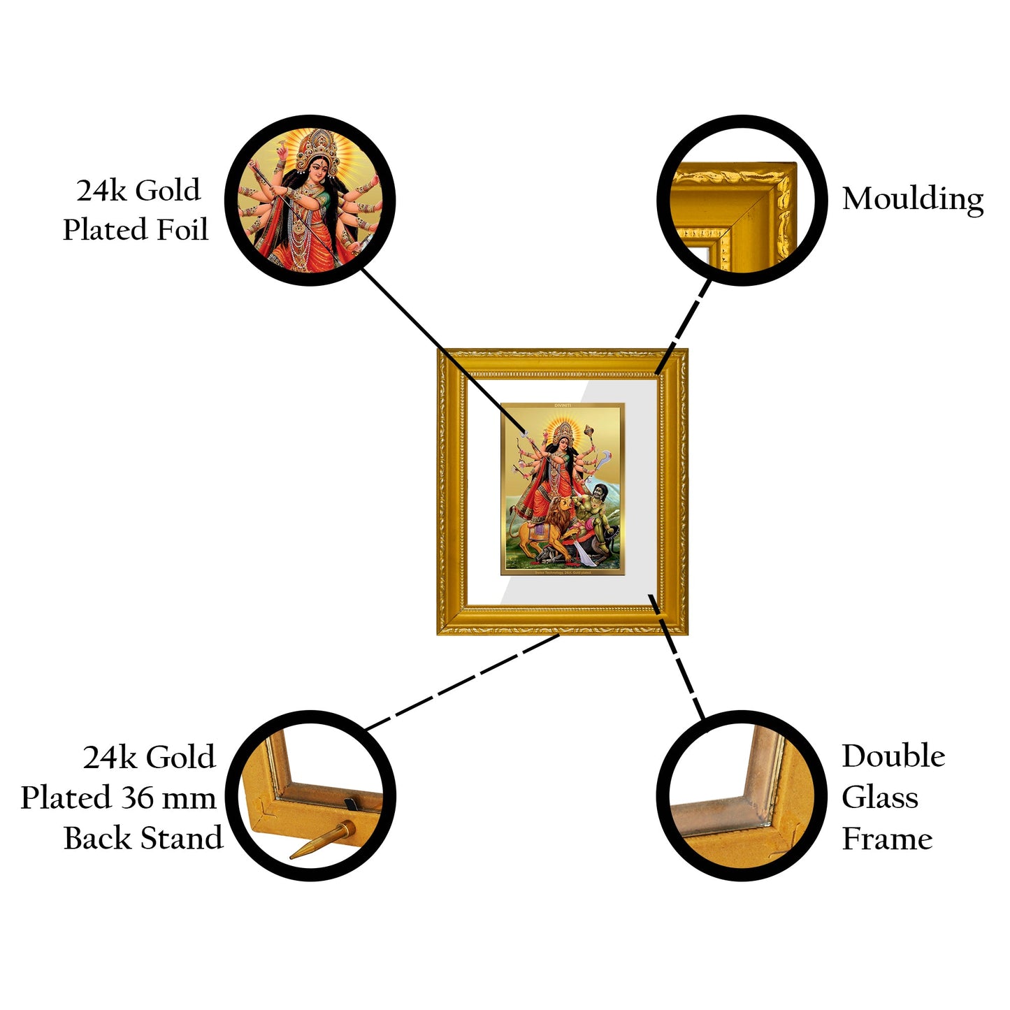 DIVINITI Durga Gold Plated Wall Photo Frame| DG Frame 101 Wall Photo Frame and 24K Gold Plated Foil| Religious Photo Frame Idol For Prayer, Gifts Items (15.5CMX13.5CM)