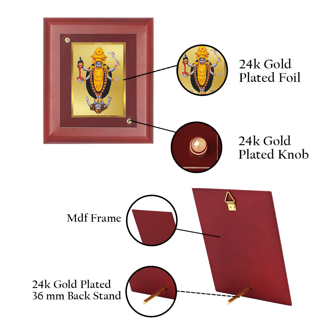 DIVINITI Maa Kali Gold Plated Wall Photo Frame, Table Decor| MDF 2 Wooden Wall Photo Frame and 24K Gold Plated Foil| Religious Photo Frame Idol For Pooja, Gifts Items (20.0CMX16.0CM)