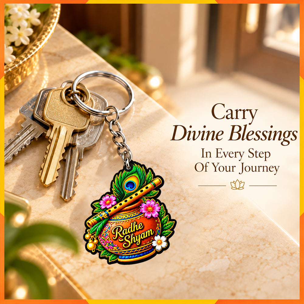 Radhe Shyam Peacock Flute Keychain | Krishna Devotional Key Ring | Gift
