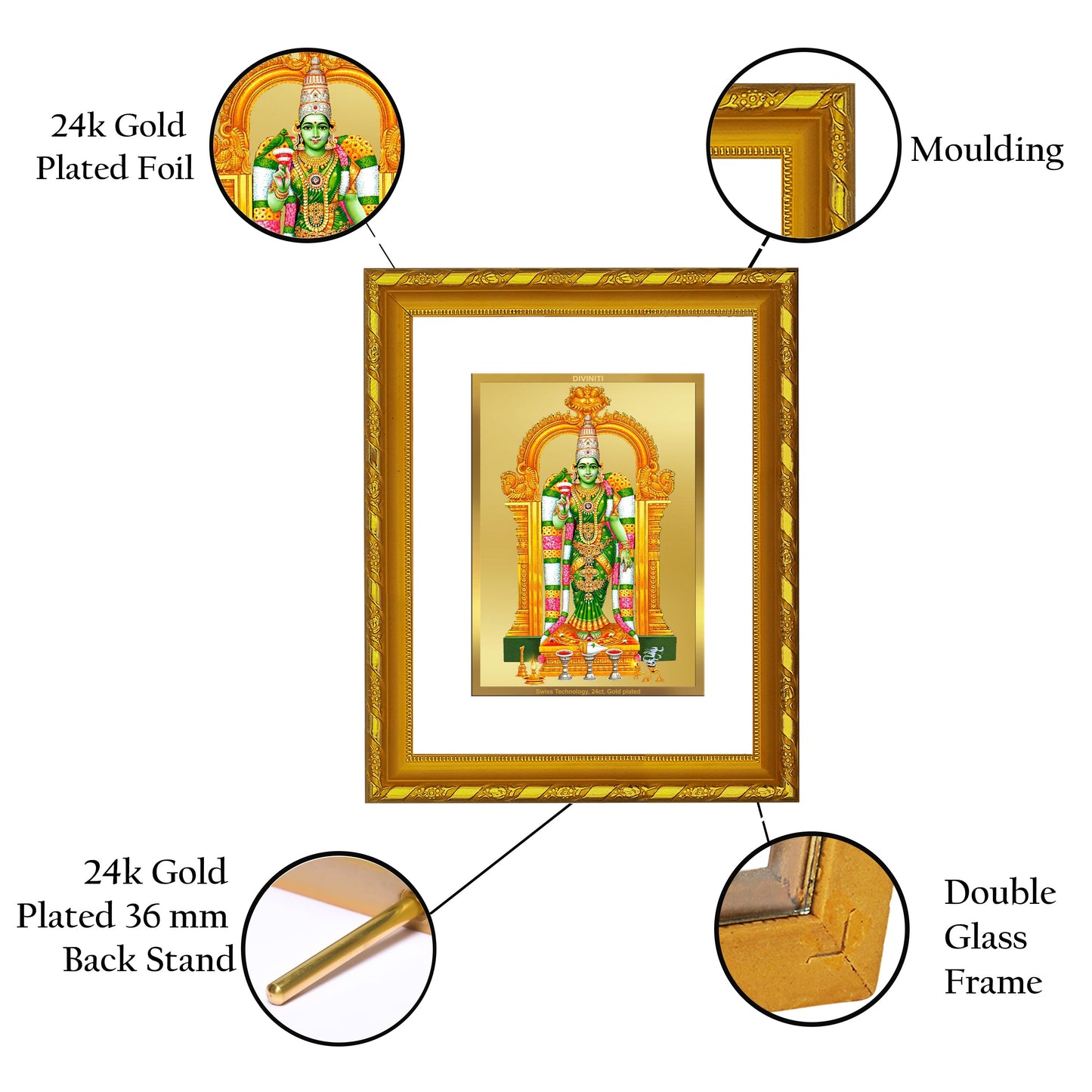 DIVINITI 24K Gold Plated Meenakshi Photo Frame For Home Wall Decor, Tabletop, Gift (21.5 X 17.5 CM)