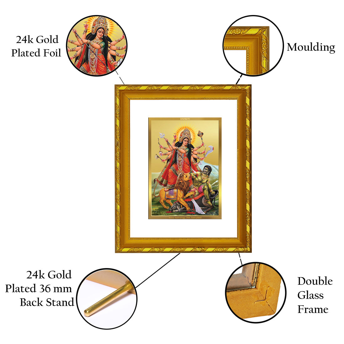 DIVINITI 24K Gold Plated Goddess Durga Photo Frame For Home Decor, Festival, Puja (21.5 X 17.5 CM)