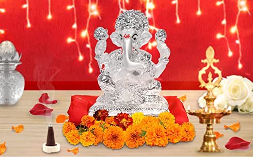 Diviniti 999 Silver Plated Sculpture of Lord Ganesha Figurine Religious Idol for Pooja, Gift (7.4 CM X 5.3 CM X 10.5 CM)