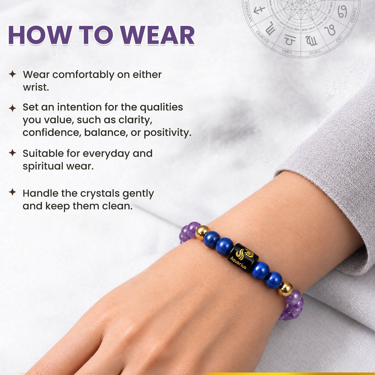 Aquarius (कुंभ राशि) Zodiac Amethyst & Lapis Lazuli Crystal Bracelet