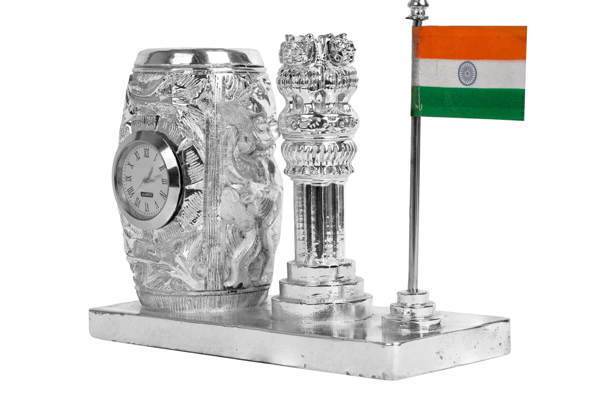 Diviniti 999 Silver Plated Pen Holder with Ashok Stambh and Indian Flag For University