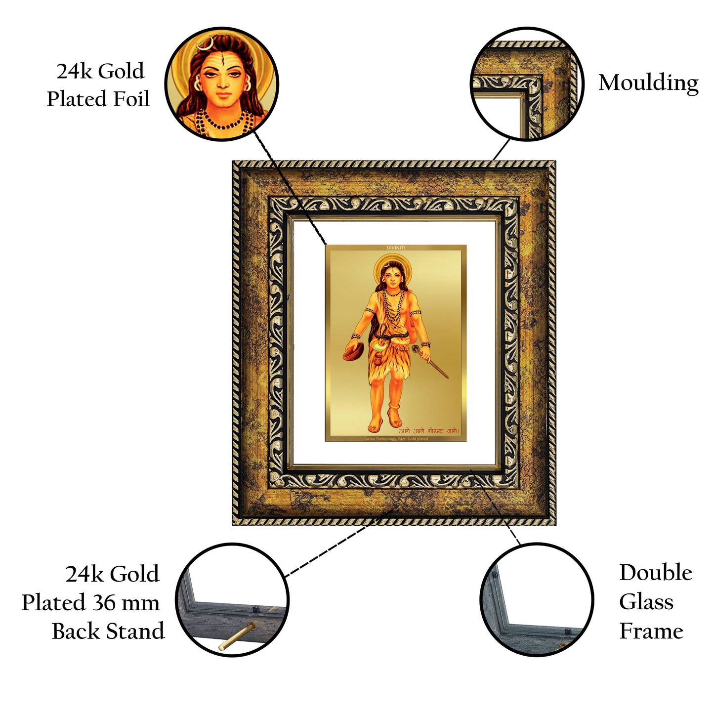 DIVINITI Guru Gorakhnath Gold Plated Wall Photo Frame, Table Decor| DG Frame 113 Size 1 and 24K Gold Plated Foil (17.5 CM X 16.5 CM)