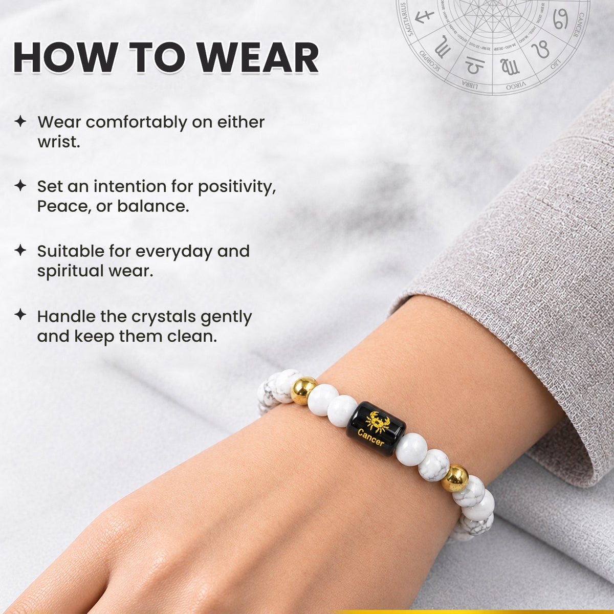 Cancer (कर्क राशि) Zodiac Howlite & Milky Quartz Crystal Bracelet
