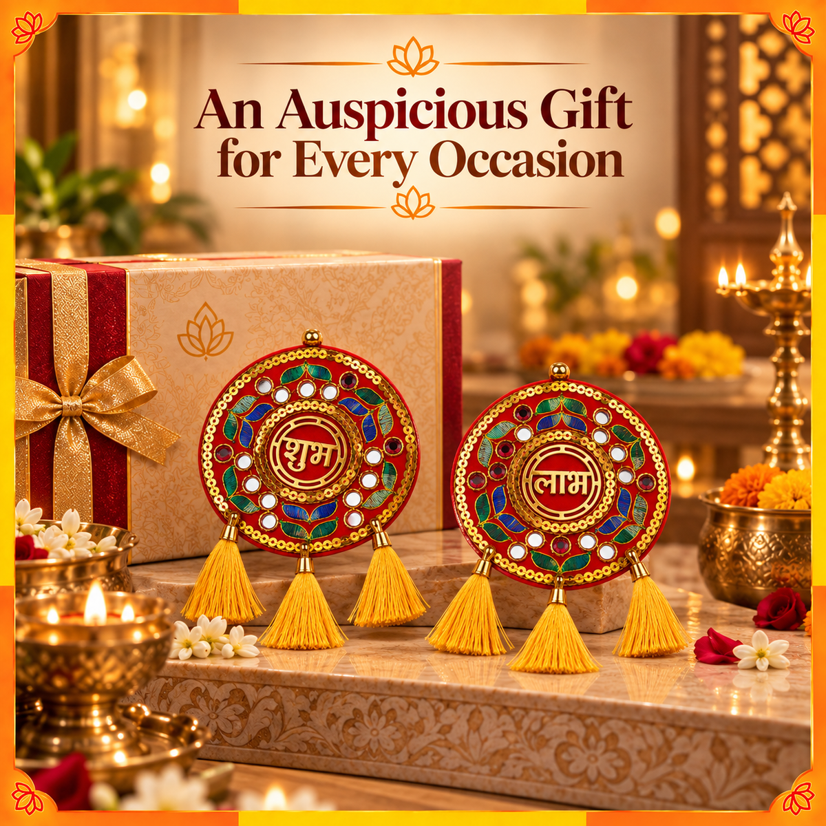 Circular Shubh Labh Hanging Pair with Tassels | Traditional Door & Home Entrance Décor