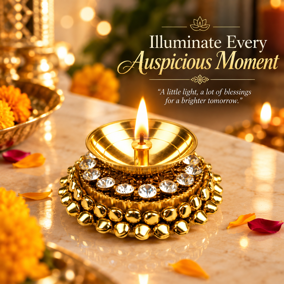 Gold-Tone Decorative Diya with Crystal Embellishments | Puja & Home Décor