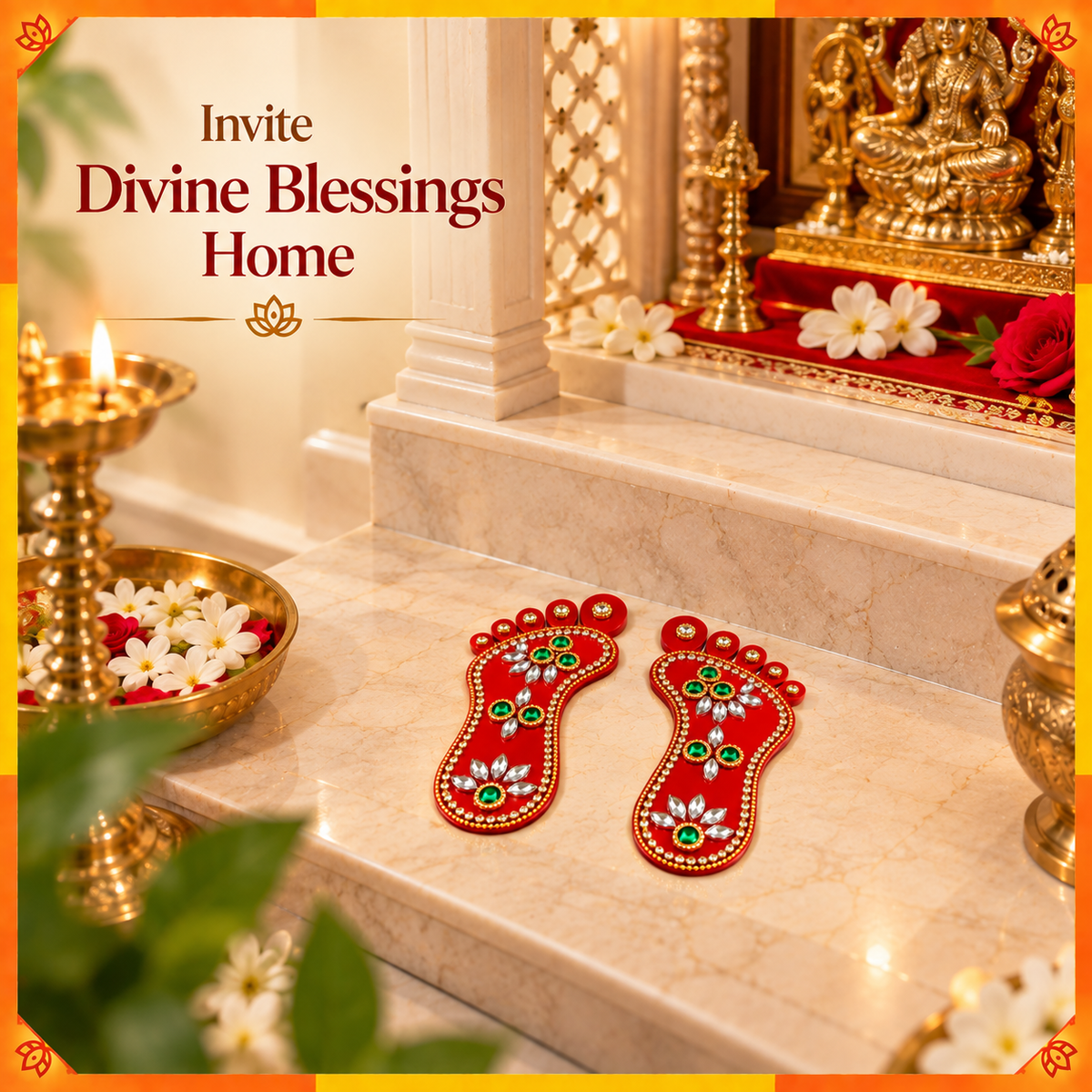 Decorative Lakshmi Charan Pair with Floral Design | Auspicious Home Entrance & Puja Room Décor