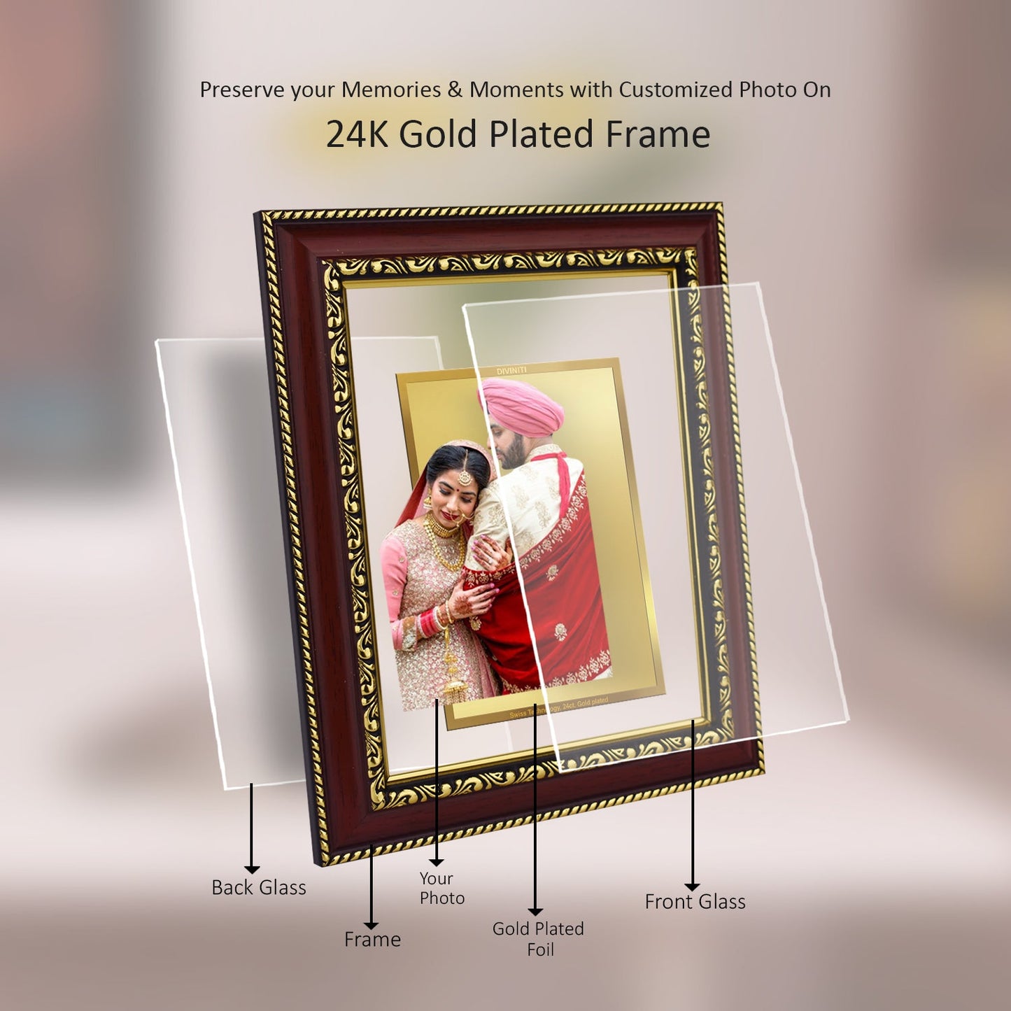 Diviniti Photo Frame With Customized Photo Printed on 24K Gold Plated Foil| Personalized Gift for Birthday, Marriage Anniversary & Celebration With Loved Ones|DG 105 S3