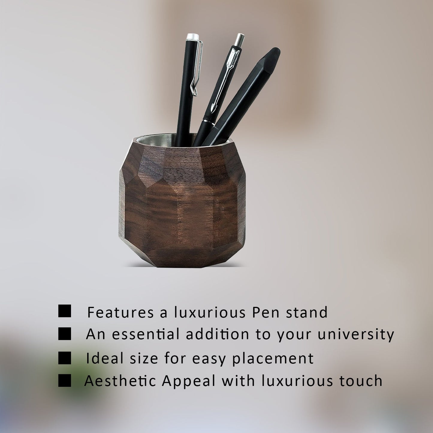 Diviniti Customized Wooden Pen Holder With Gold Colored Design For University