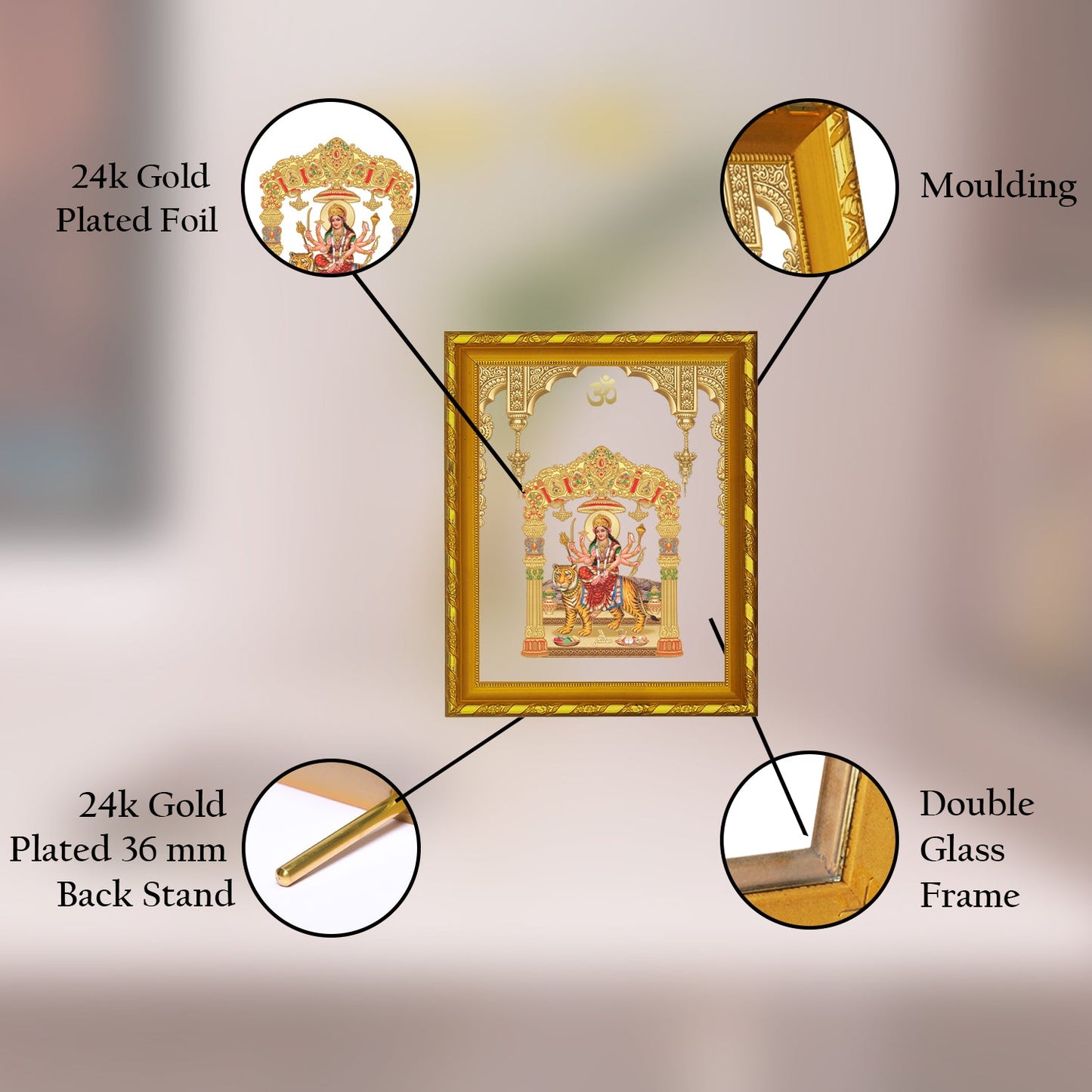 Diviniti 24K Gold Plated Durga Mata Photo Frame for Home Decor Showpiece (21.5 CM x 17.5 CM)