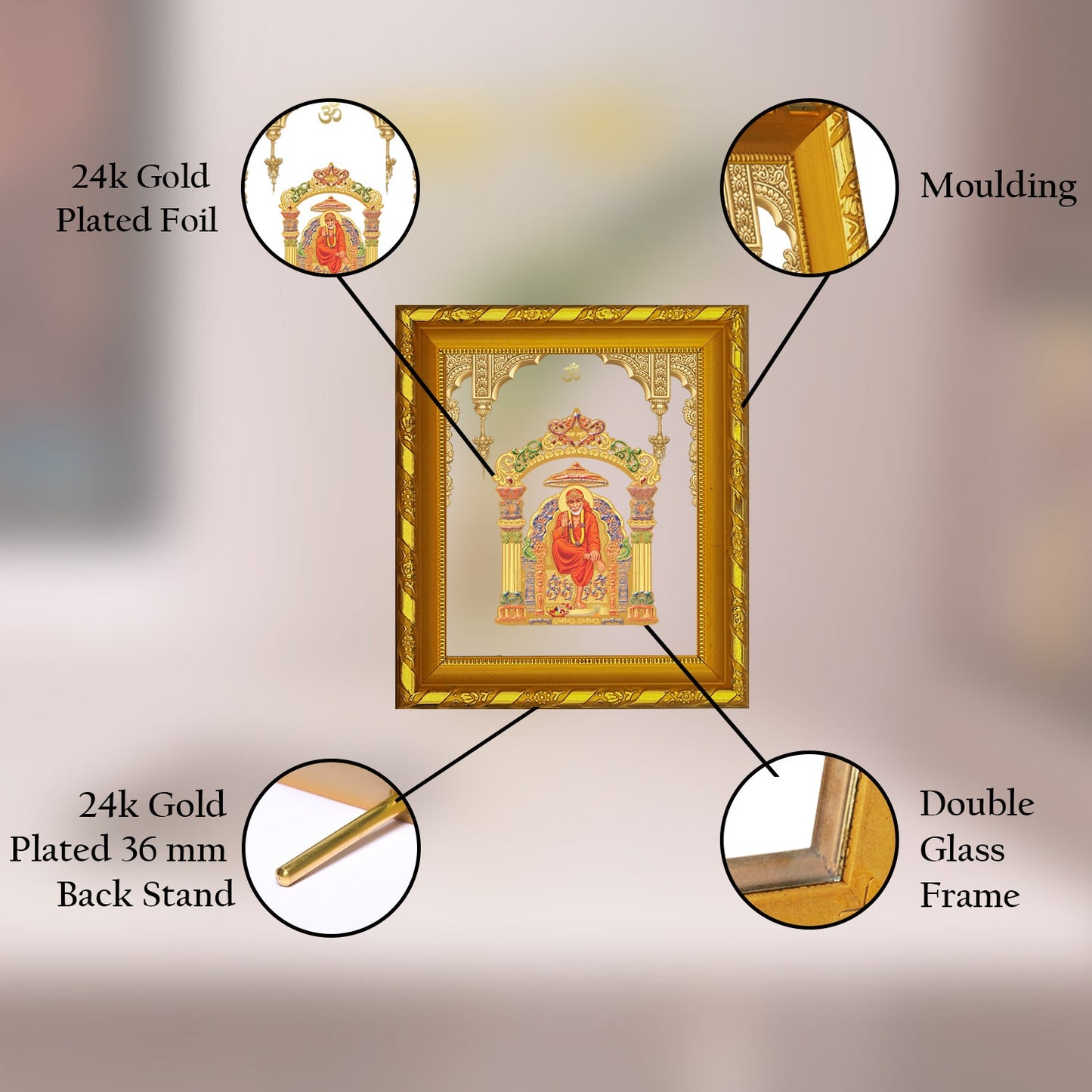 Diviniti 24K Gold Plated Sai Baba Photo Frame for Home Decor, Table (15 CM x 13 CM)