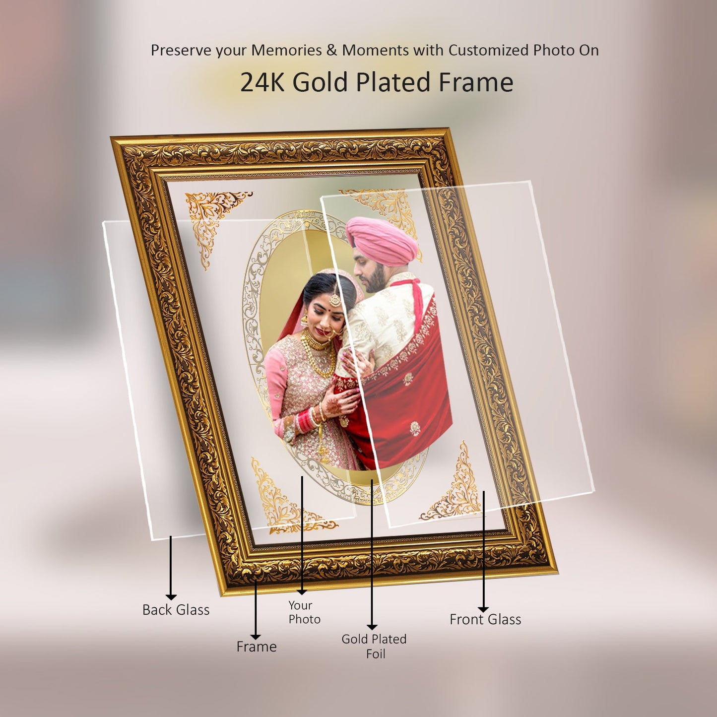 Diviniti Photo Frame With Customized Photo Printed on 24K Gold Plated Foil| Personalized Gift for Birthday, Marriage Anniversary & Celebration With Loved Ones|DG 093 Size 5