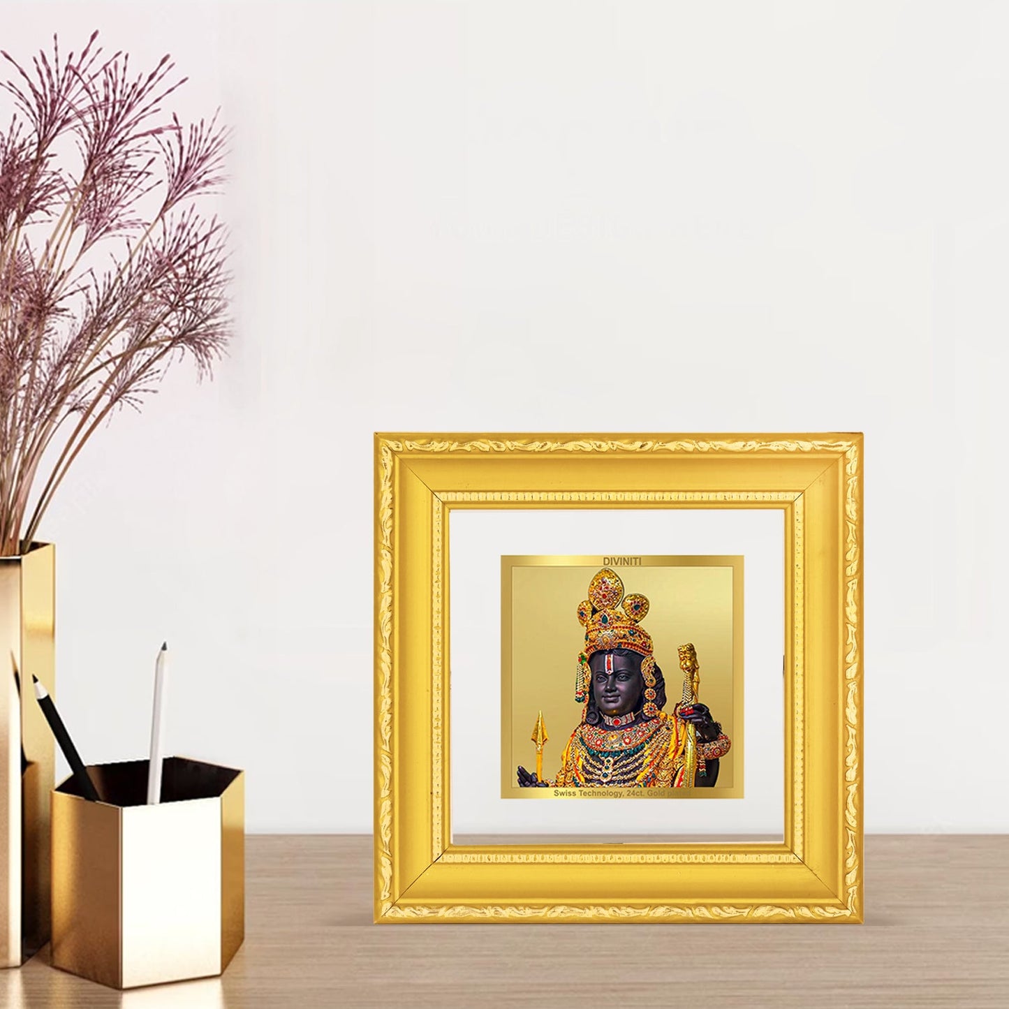 Diviniti 24K Gold Plated Ram Lalla Photo Frame For Home Decor Showpiece, Table Decor, Puja Room & Gift (10 CM X 10 CM)