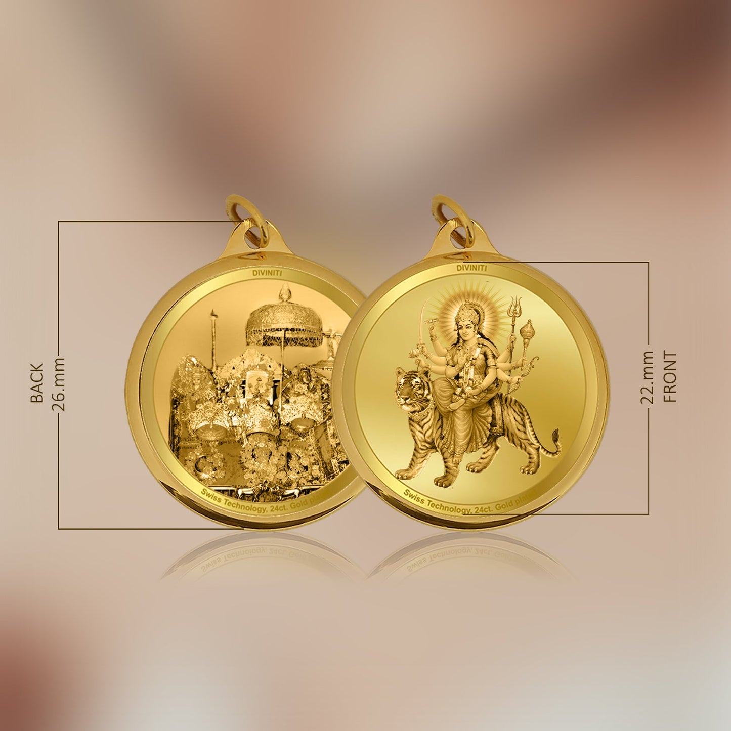 Diviniti 24K Gold Plated Durga Ji & Mata Ka Darbar 22MM Double Sided Pendant For Men, Women & Kids