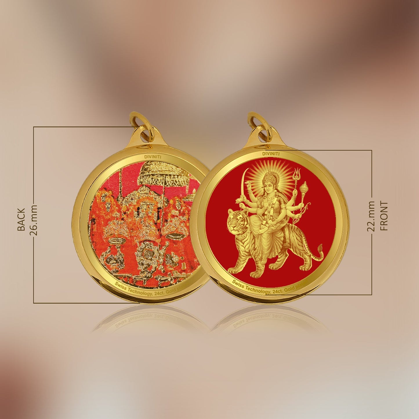 Diviniti 24K Gold Plated Durga Ji & Mata Ka Darbar 22MM Double Sided Pendant For Men, Women & Kids