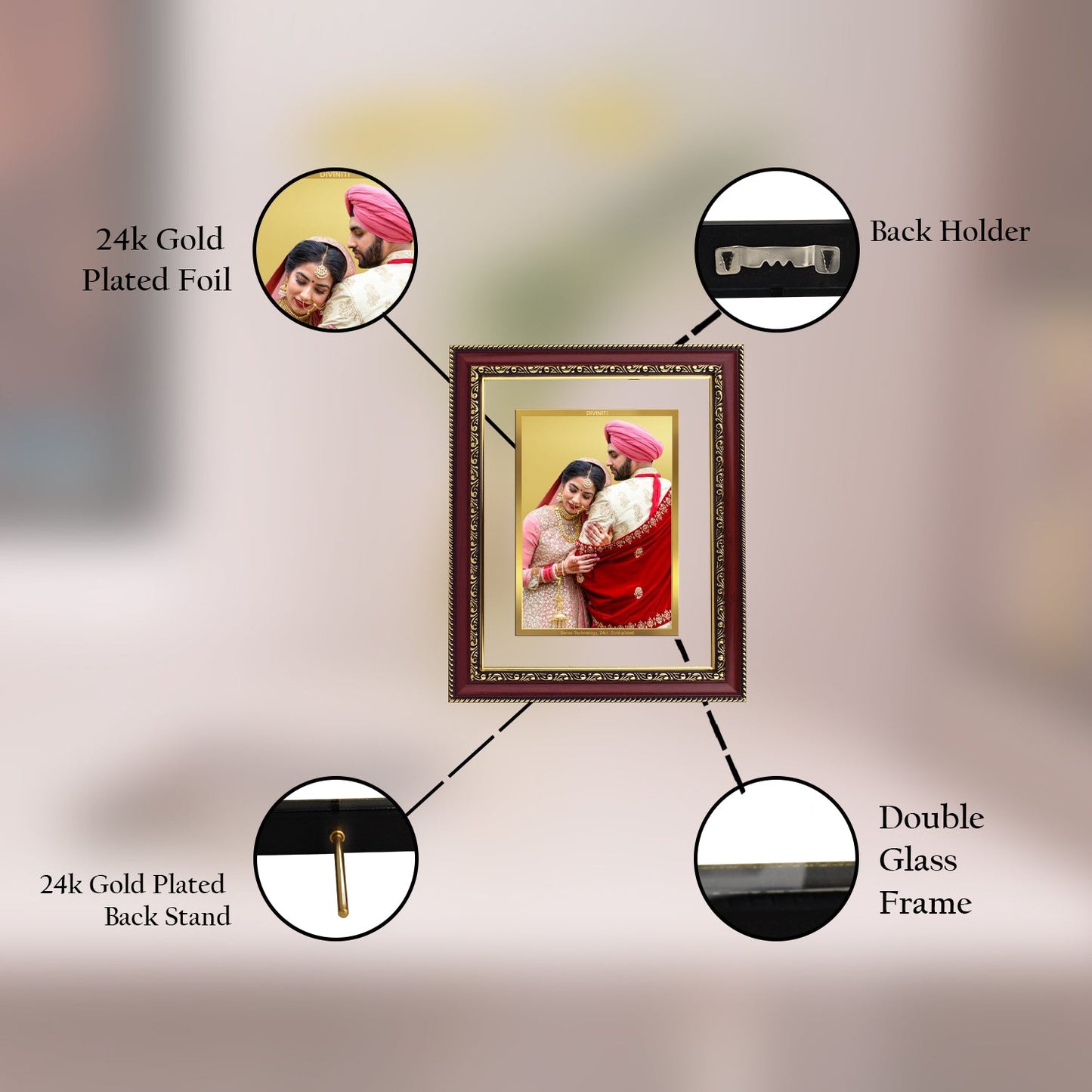 Diviniti Photo Frame With Customized Photo Printed on 24K Gold Plated Foil| Personalized Gift for Birthday, Marriage Anniversary & Celebration With Loved Ones|DG 105 S3