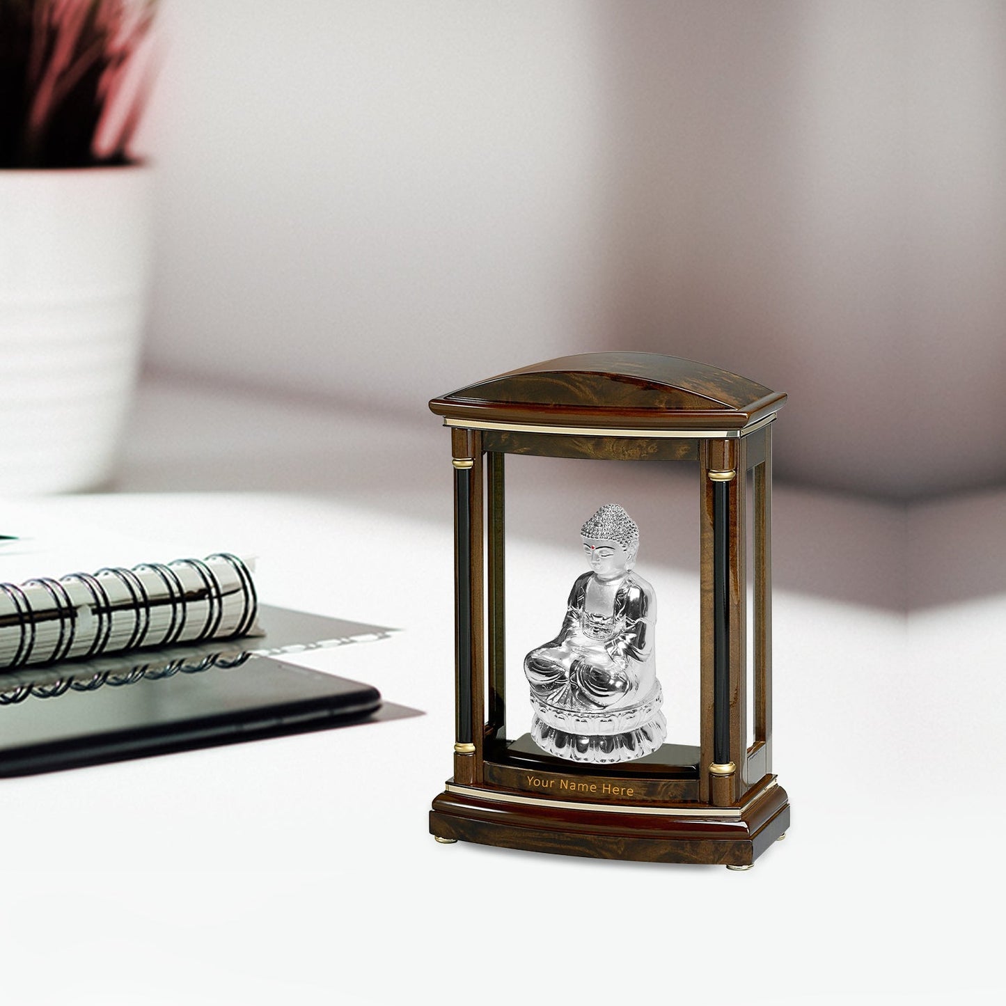 Diviniti Customized Wooden Table Top With 999 Silver Plated Buddha Idol For University