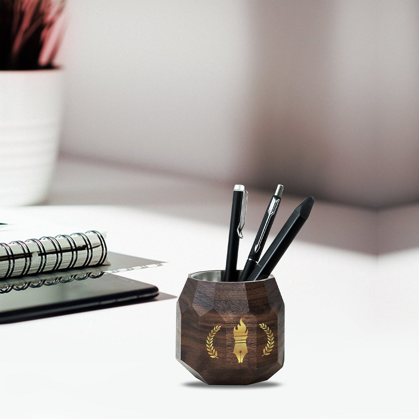 Customized Wooden Pen Holder With Gold Colored Design For Corporate Gifting