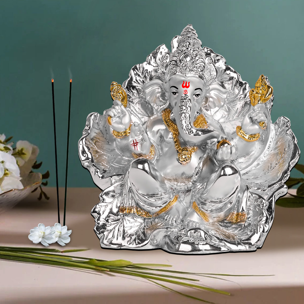Diviniti 999 Silver Plated Ganesha Idol for Home Decor Showpiece (21 X 17.5 CM)