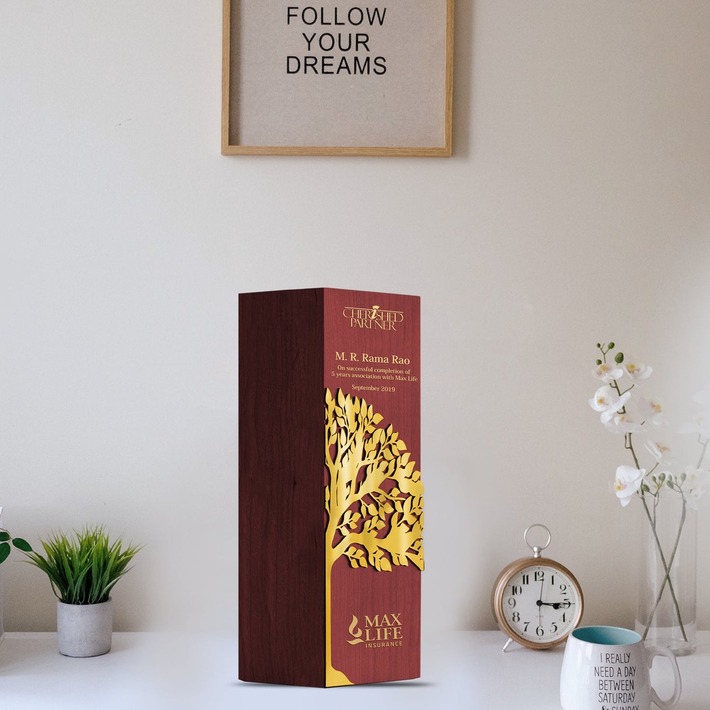 Customized Wooden Trophy with Metal Tree & Matter Printed For Corporate Gifting