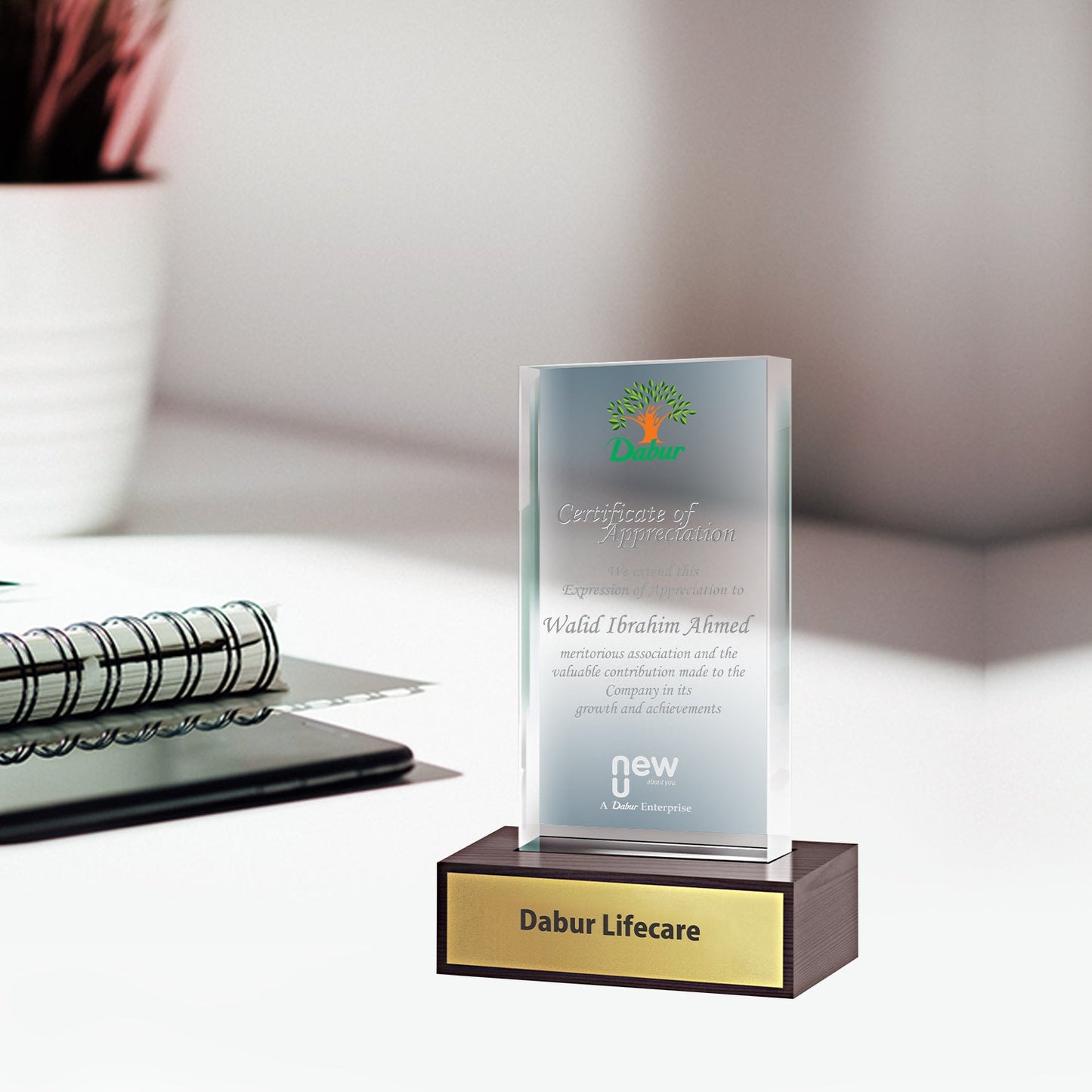Customized Wooden Base Acrylic Trophy with Matter Printed For Corporate Gifting