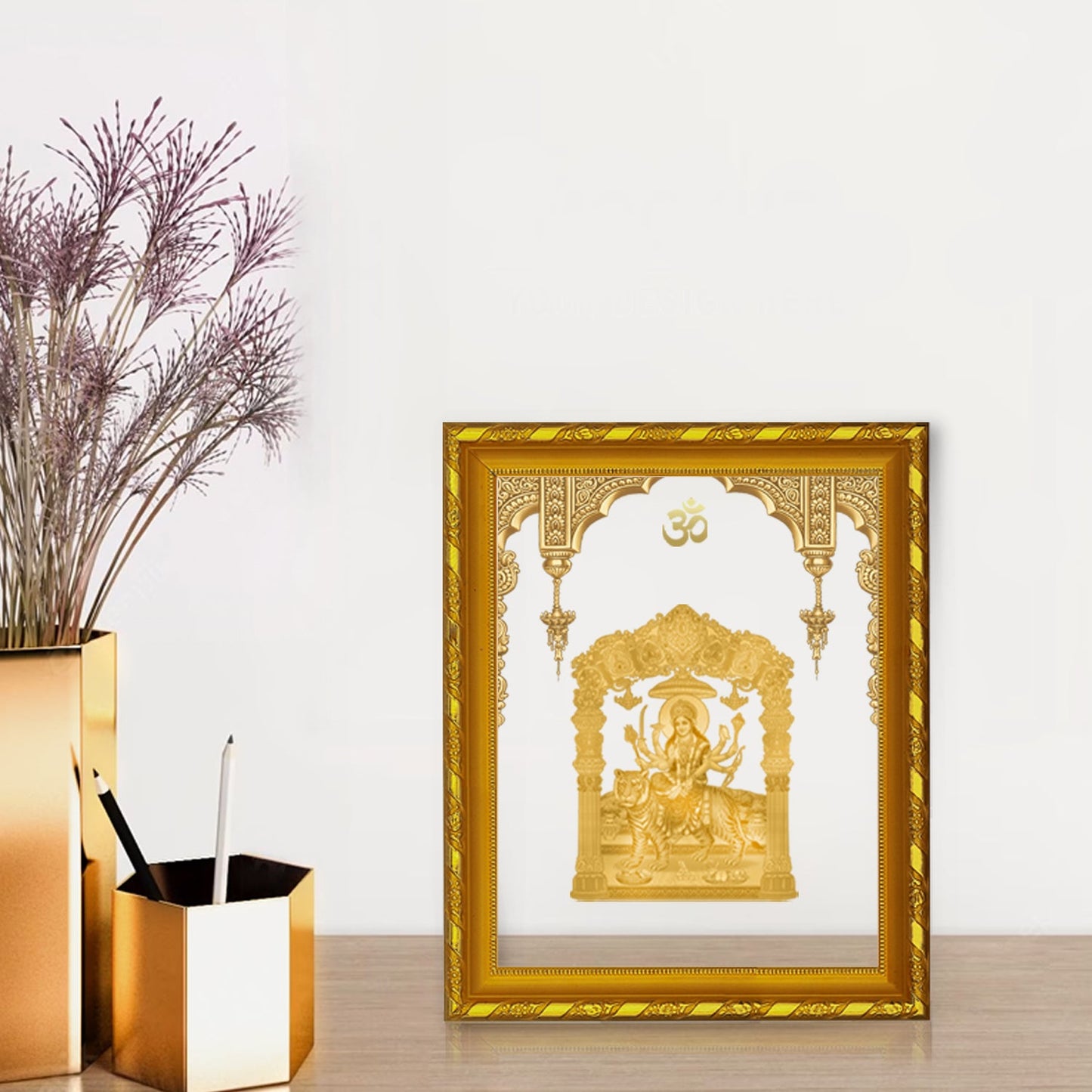 Diviniti 24K Gold Plated Durga Mata Photo Frame for Home Decor Showpiece (21.5 CM x 17.5 CM)