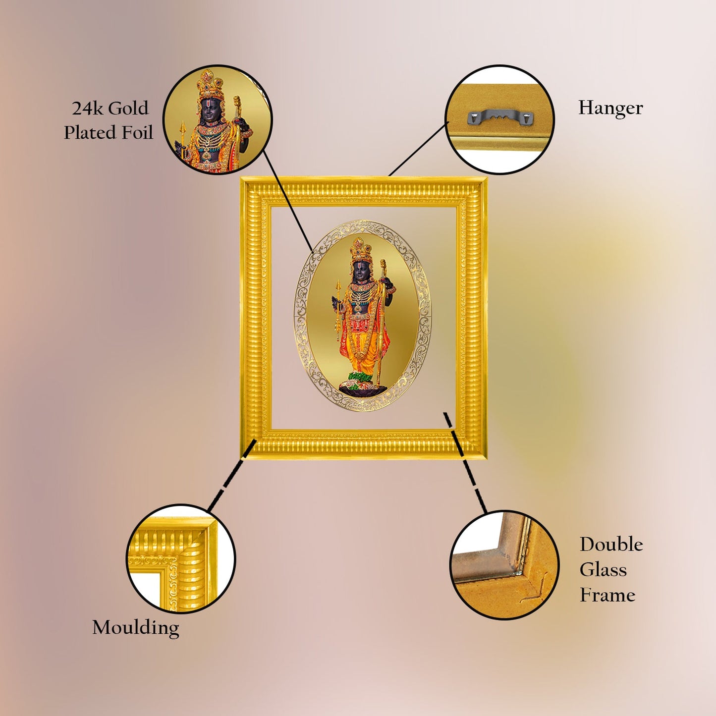 Diviniti 24K Gold Plated Ram Lalla Photo Frame For Home Decor Showpiece, Wall Hanging Decor, Puja & Gift (44.4 CM X 37 CM)