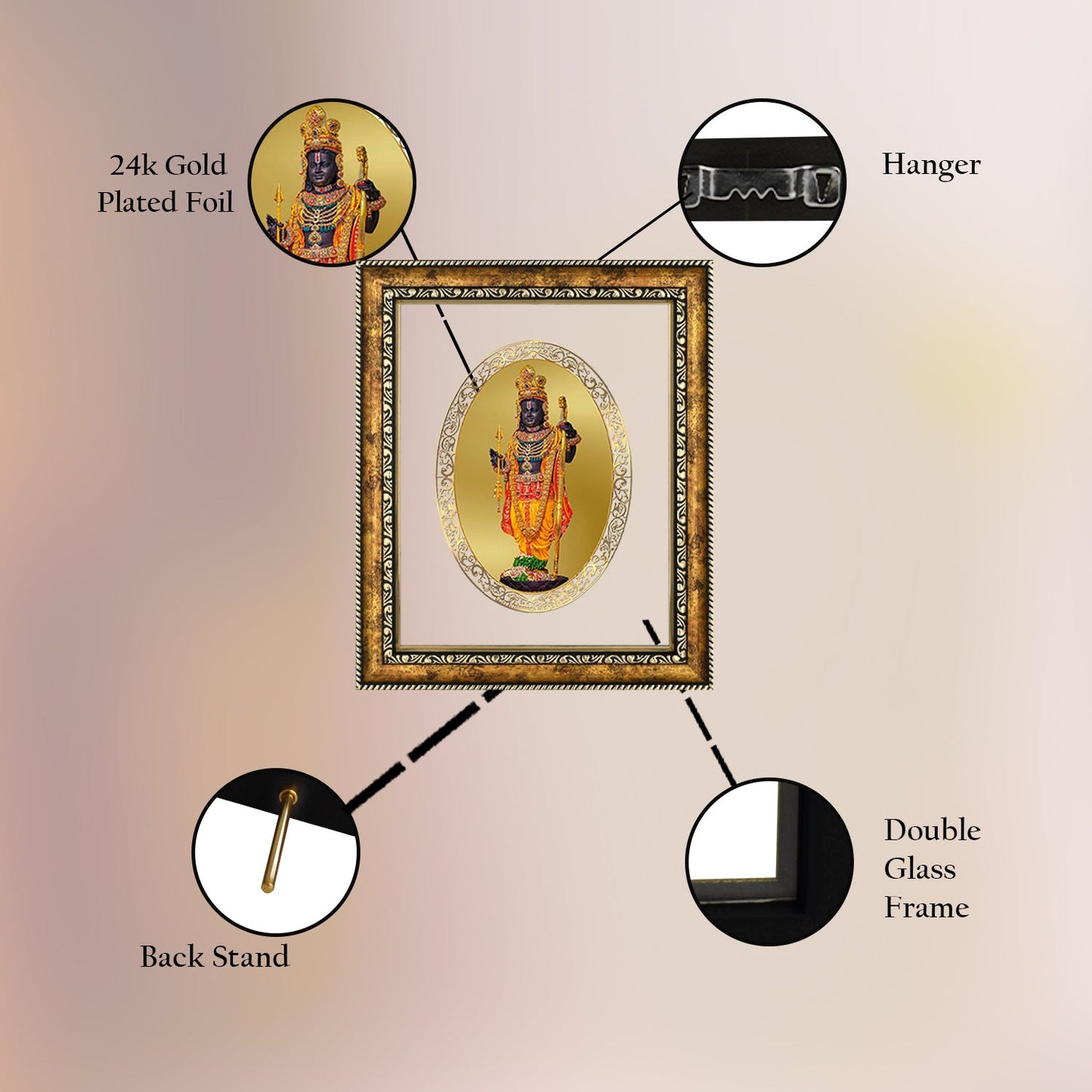 Diviniti 24K Gold Plated Ram Lalla Photo Frame For Home Decor, Table Top, Wall Hanging, Puja & Gift (28 CM X 23 CM)