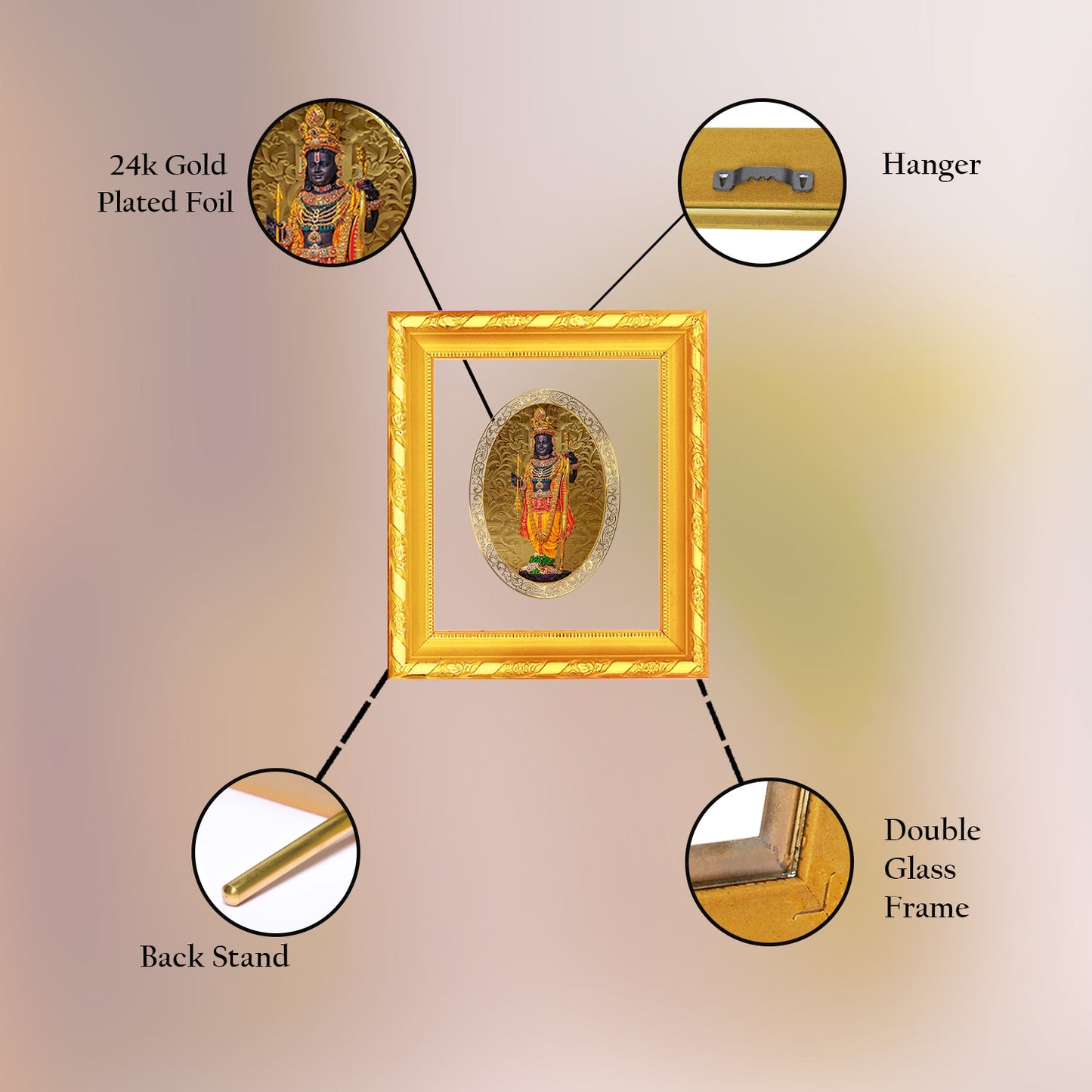 Diviniti 24K Gold Plated Ram Lalla Photo Frame For Home Decor, Wall Hanging, Table Top, Puja Room & Gift (13 X 15 CM)