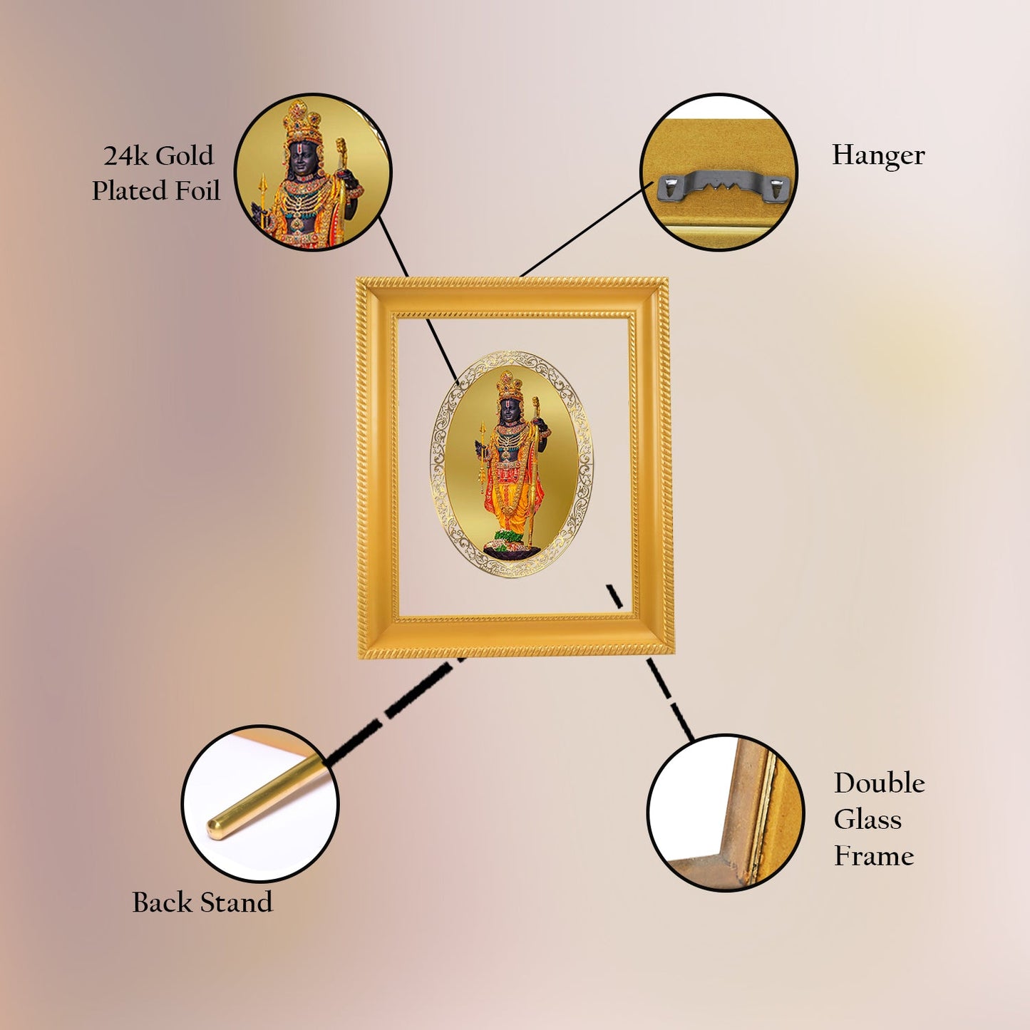 Diviniti 24K Gold Plated Ram Lalla Photo Frame For Home Decor, Table Top, Wall Hanging, Puja & Gift (28 CM X 23 CM)