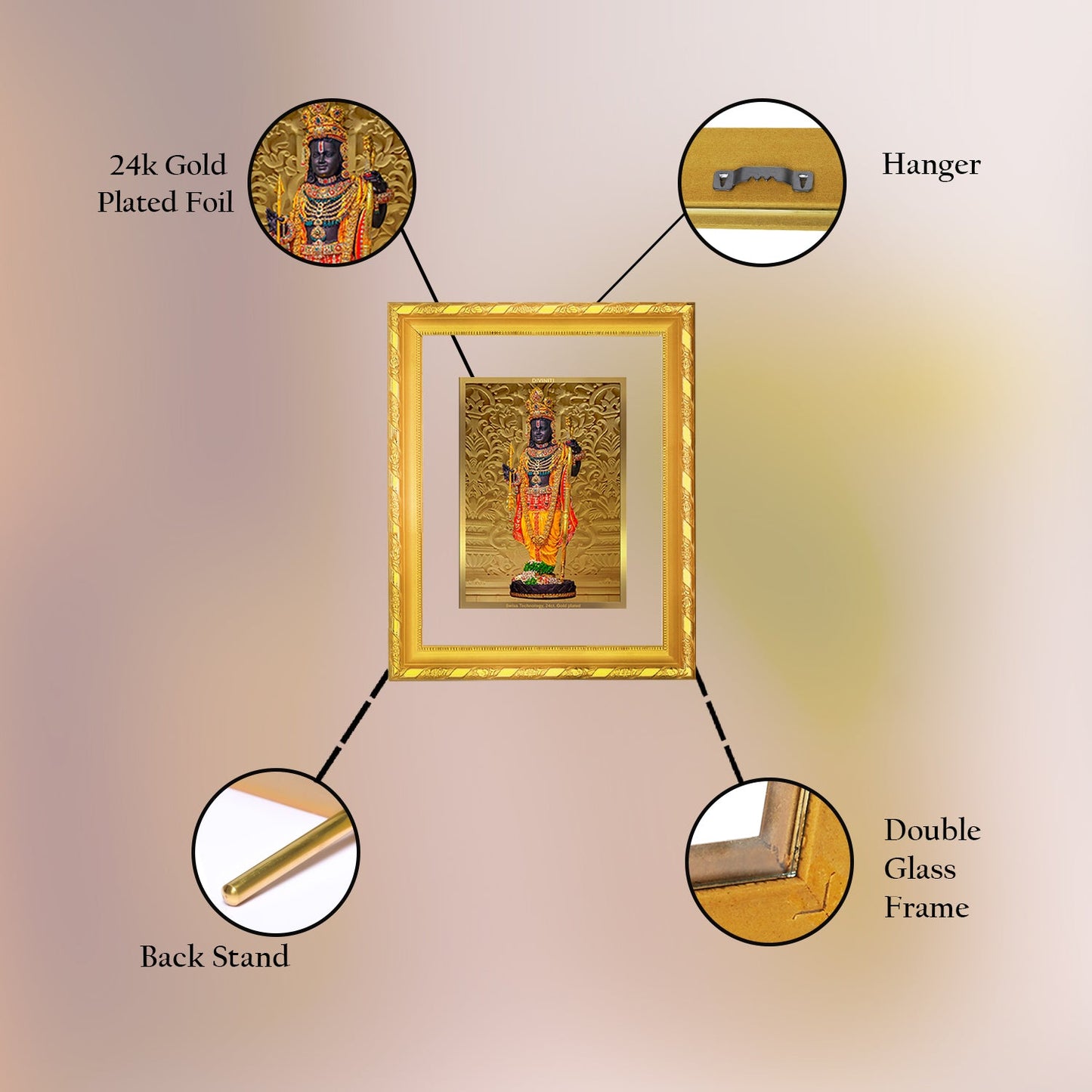 Diviniti 24K Gold Plated Ram Lalla Photo Frame For Home Decor, Table Decor, Wall Hanging, Puja Room & Gift (20.8 CM X 16.7 CM)