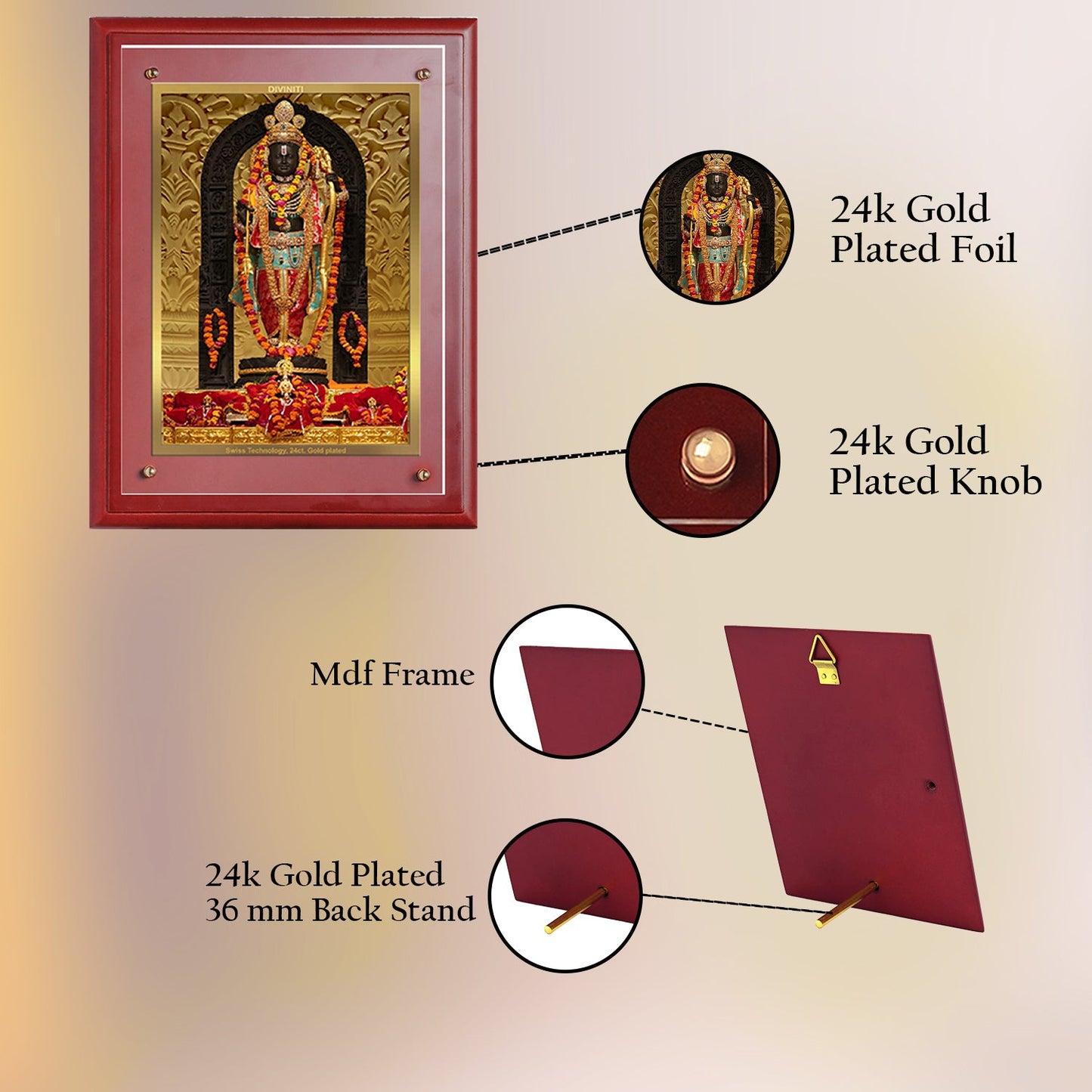 Diviniti 24K Gold Plated Ram Lalla Photo Frame For Home Decor, Wall Decor, Table, Puja Room & Gift (30 CM X 23 CM)